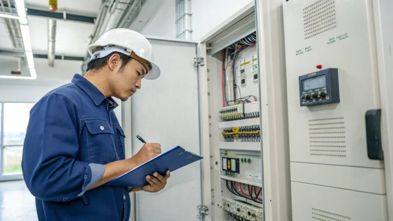 Seorang teknisi melakukan audit pada panel kontrol listrik utama.