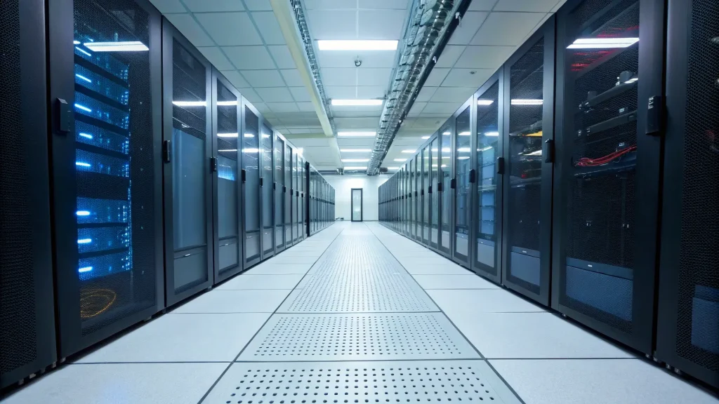 Lorong dingin di sebuah pusat data dengan deretan rak server yang tertata rapi.