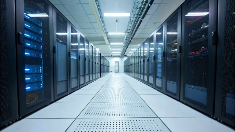 Lorong dingin di sebuah pusat data dengan deretan rak server yang tertata rapi.