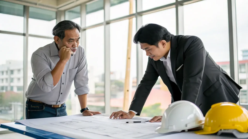 Pemilik proyek dan arsitek berdiskusi serius mengenai desain sistem MEP pada cetak biru.