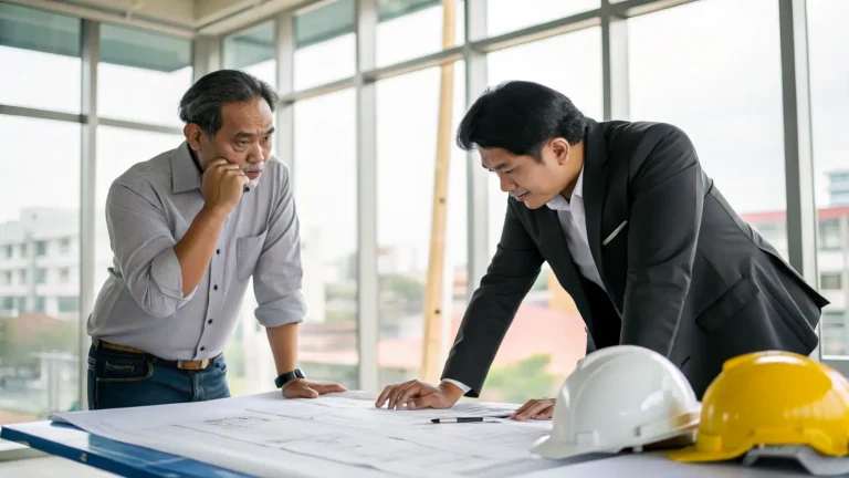 Pemilik proyek dan arsitek berdiskusi serius mengenai desain sistem MEP pada cetak biru.