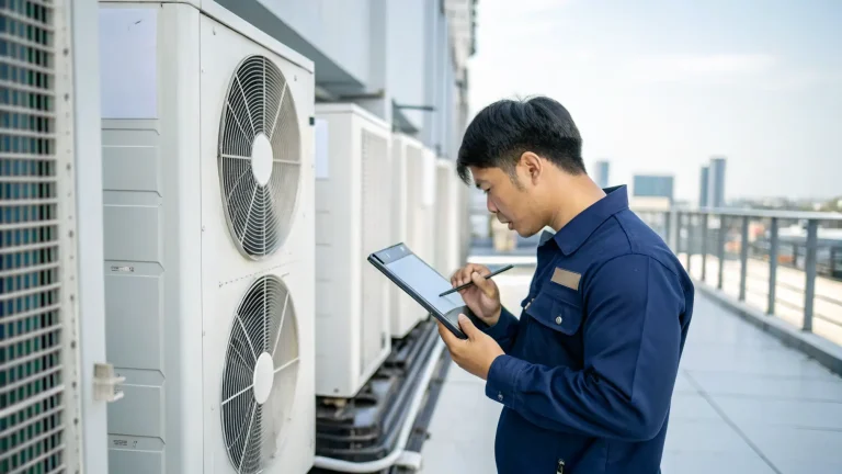 Teknisi melakukan pemeriksaan unit outdoor HVAC di atap gedung.