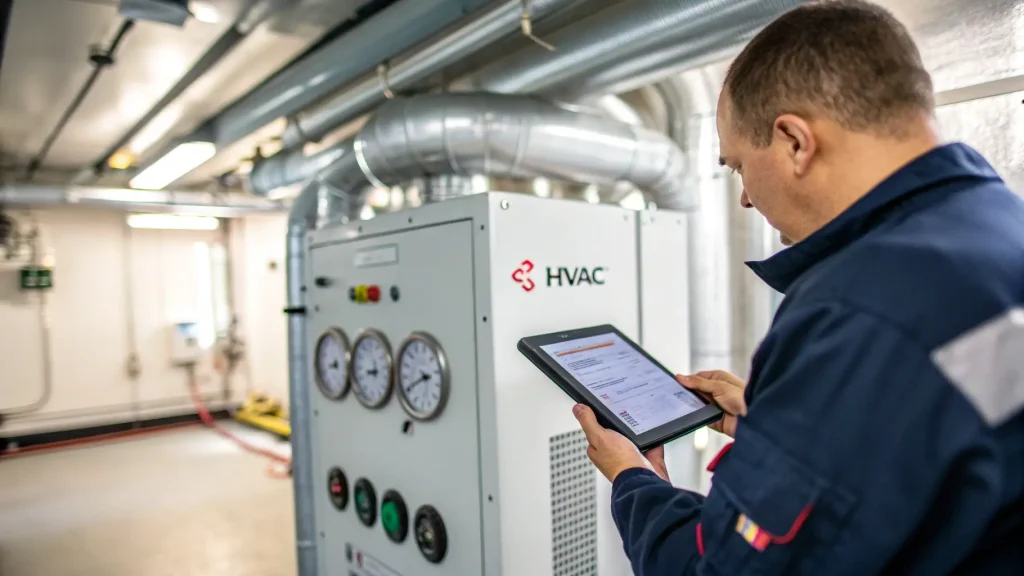 Teknisi memeriksa unit HVAC komersial dengan tablet di ruang mesin.