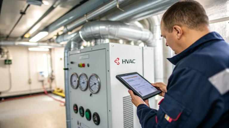 Teknisi memeriksa unit HVAC komersial dengan tablet di ruang mesin.