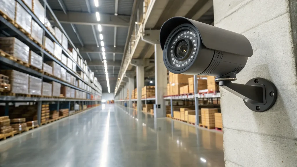 Kamera CCTV tipe bullet terpasang di dinding gudang industri.