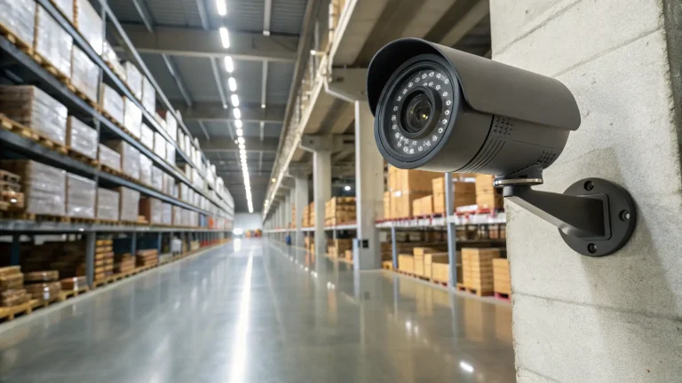 Kamera CCTV tipe bullet terpasang di dinding gudang industri.