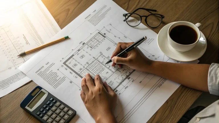 Tangan seseorang sedang memeriksa detail denah teknis proyek MEP.