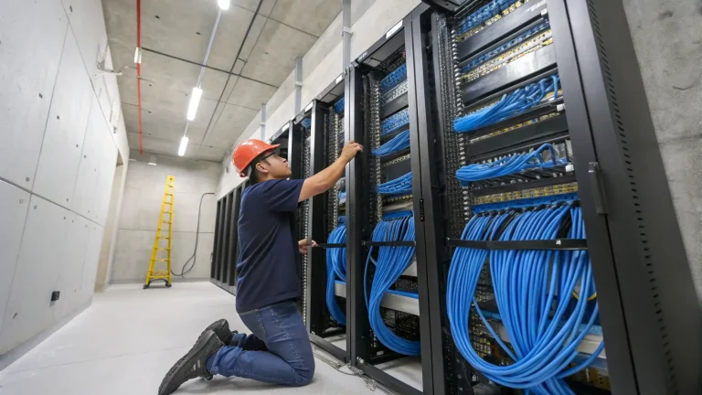 Teknisi memasang kabel jaringan di ruang server.