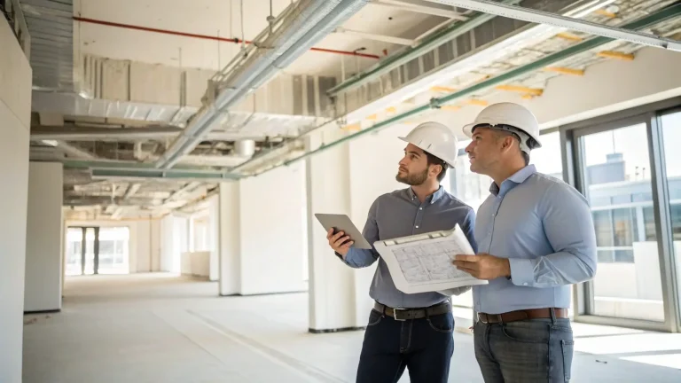 Dua insinyur mendiskusikan rencana desain MEP di lokasi proyek.