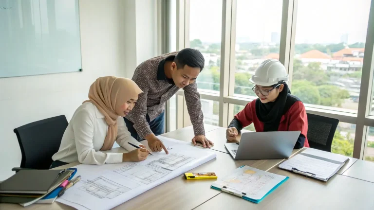 Tim internal membahas denah keselamatan gedung di ruang rapat.