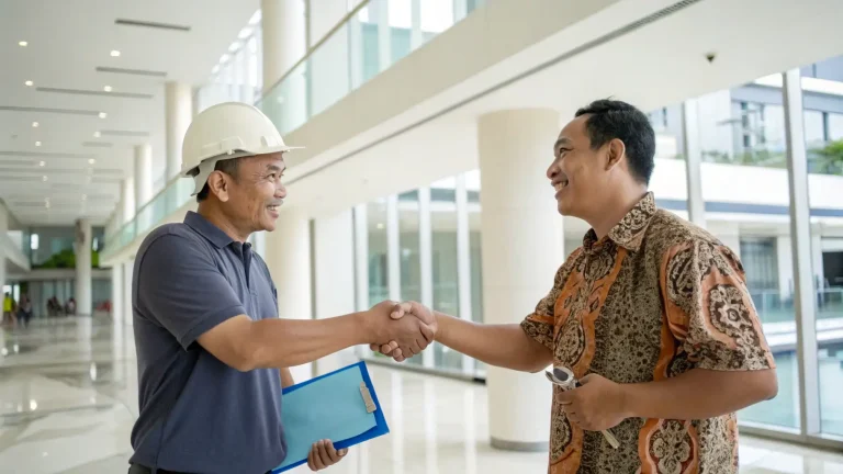 Kontraktor dan klien berjabat tangan setelah serah terima pekerjaan MEP.