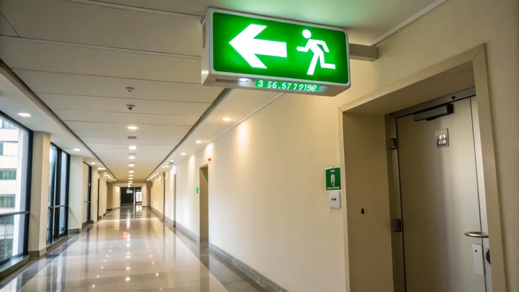 Jalur evakuasi gedung dengan lampu penunjuk arah keluar yang menyala.