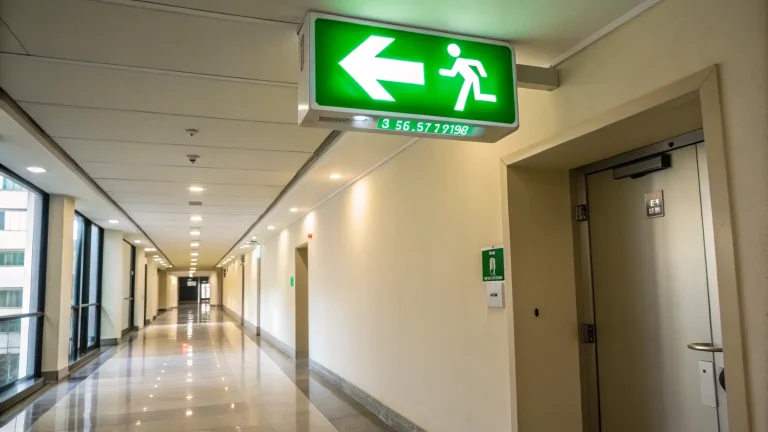 Jalur evakuasi gedung dengan lampu penunjuk arah keluar yang menyala.