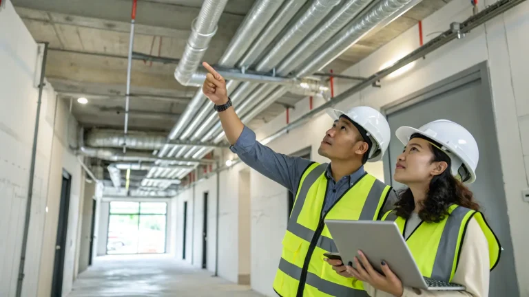 Dua orang insinyur memeriksa instalasi pipa pada proyek MEP.