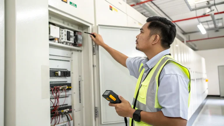 Seorang teknisi sedang memeriksa komponen di dalam panel LVMDP.