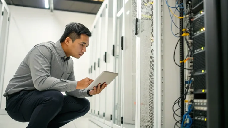Teknisi IT sedang memeriksa rak server dengan tablet.