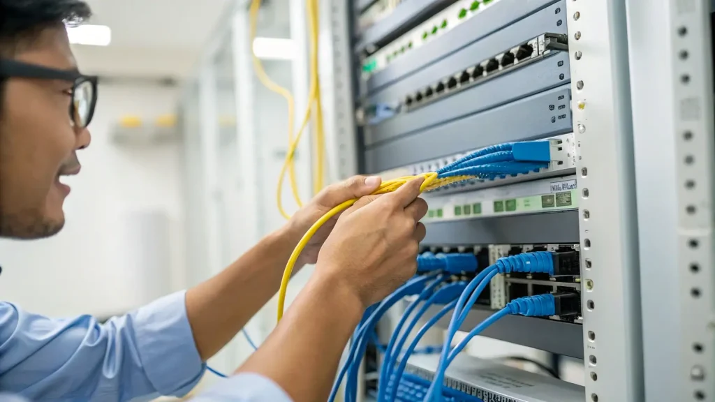 Teknisi memasang kabel fiber optik dan LAN pada switch di rak server.