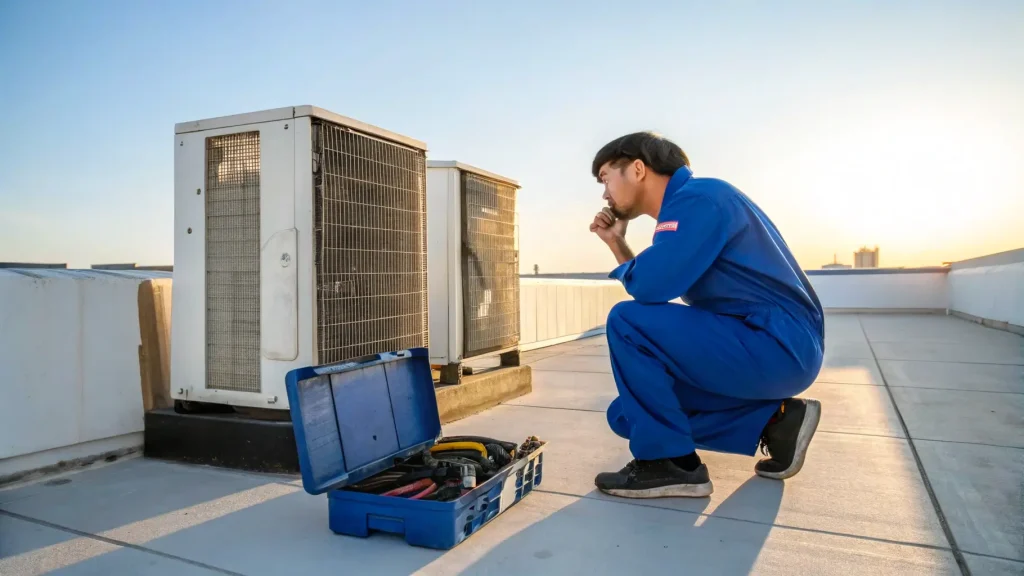 Seorang teknisi sedang memeriksa unit HVAC outdoor yang sudah tua di atap.
