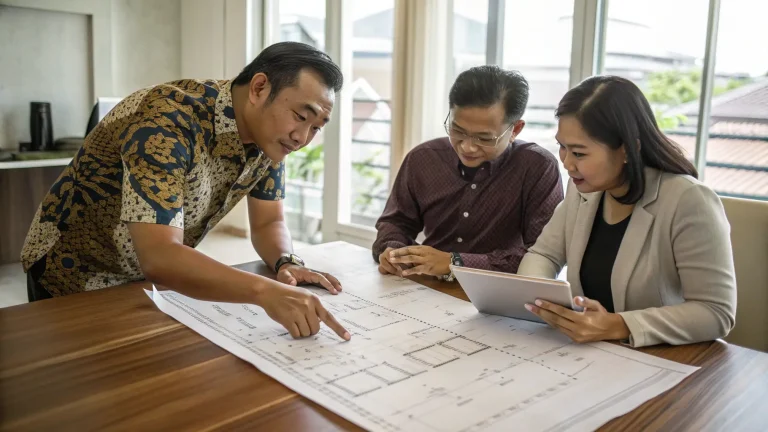 Tim proyek meninjau cetak biru untuk anggaran instalasi HVAC.