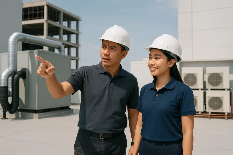 Dua insinyur berdiskusi tentang sistem HVAC di atap proyek bangunan.