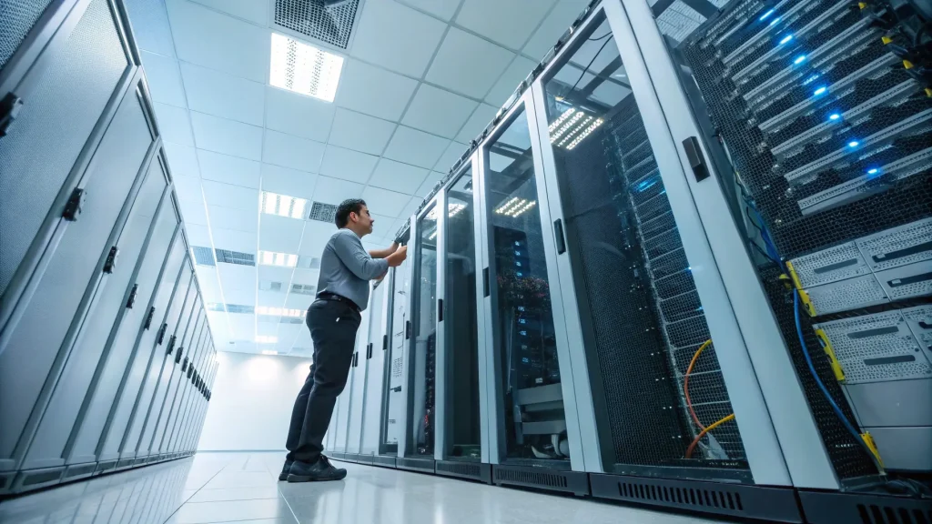 Seorang tenaga profesional sedang melakukan inspeksi rak jaringan di dalam ruang server.