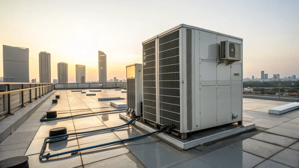 Unit outdoor sistem AC central di atap gedung.