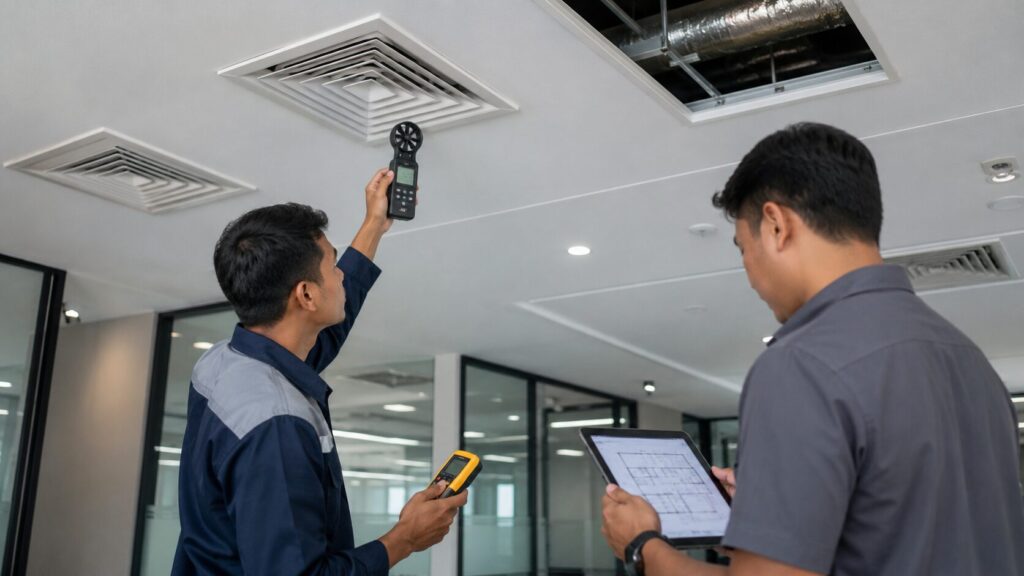 Teknisi HVAC mengecek aliran udara AC gedung di area plafon komersial.