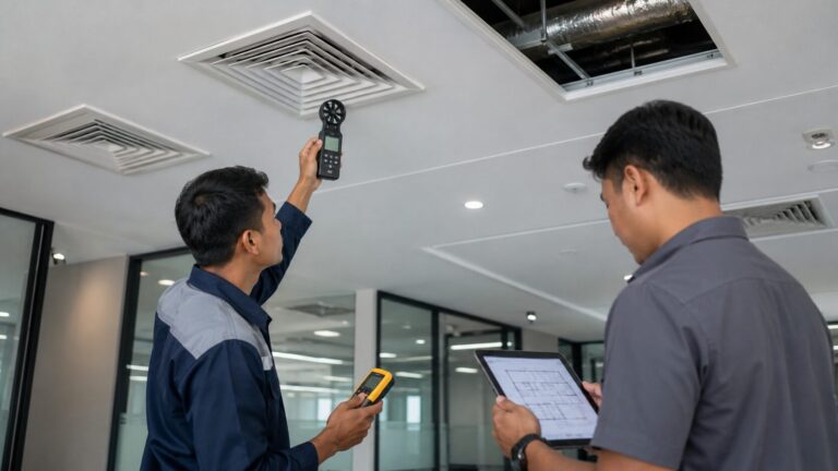 Teknisi HVAC mengecek aliran udara AC gedung di area plafon komersial.