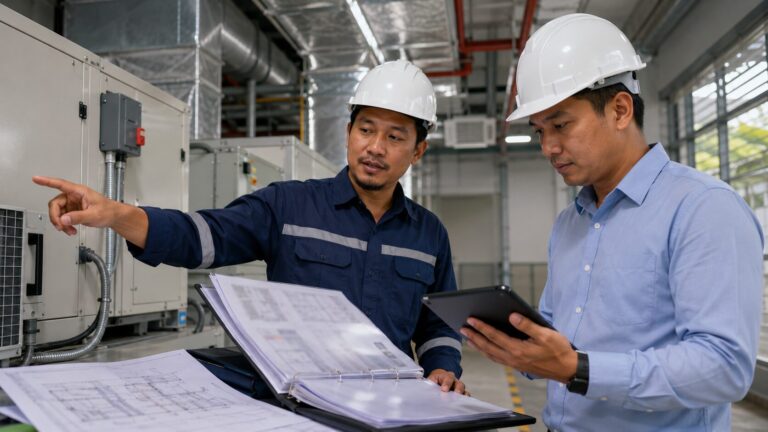 Tim MEP meninjau dokumen handover HVAC di area servis gedung komersial