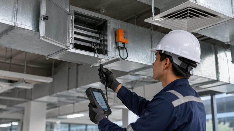 Teknisi MEP memeriksa damper pada ducting HVAC di plafon gedung komersial.