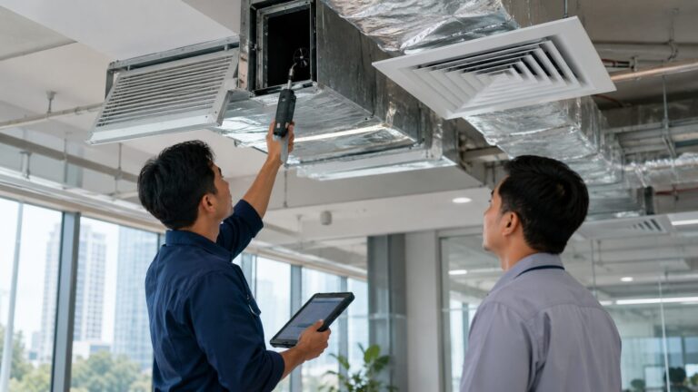 Teknisi HVAC memeriksa ducting fresh air di gedung komersial modern