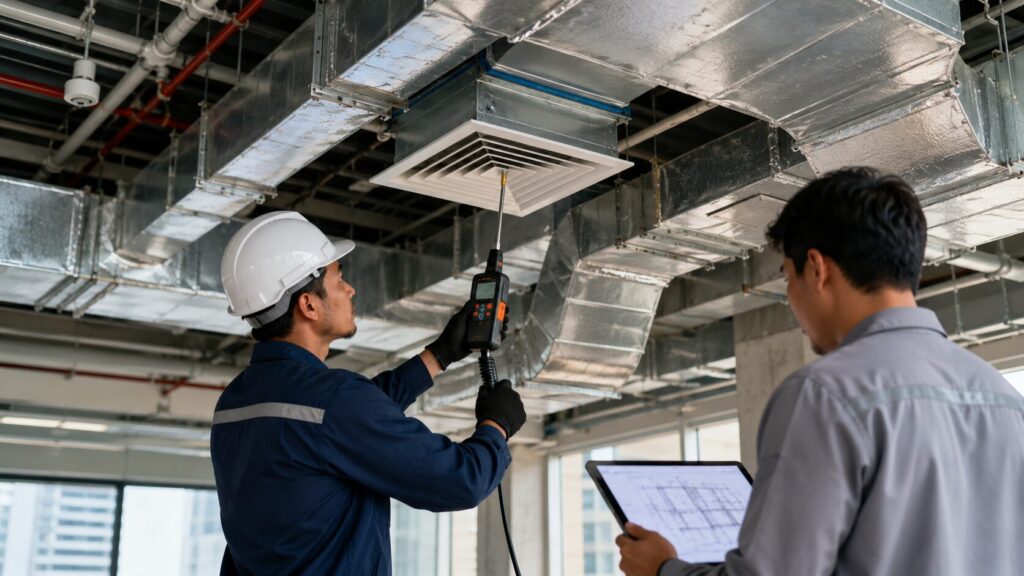 Teknisi HVAC memeriksa ducting di plafon gedung komersial dengan alat ukur aliran udara