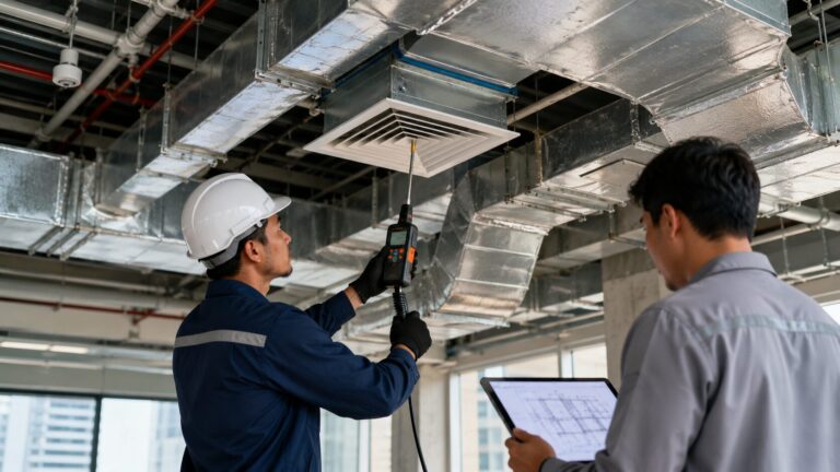 Teknisi HVAC memeriksa ducting di plafon gedung komersial dengan alat ukur aliran udara