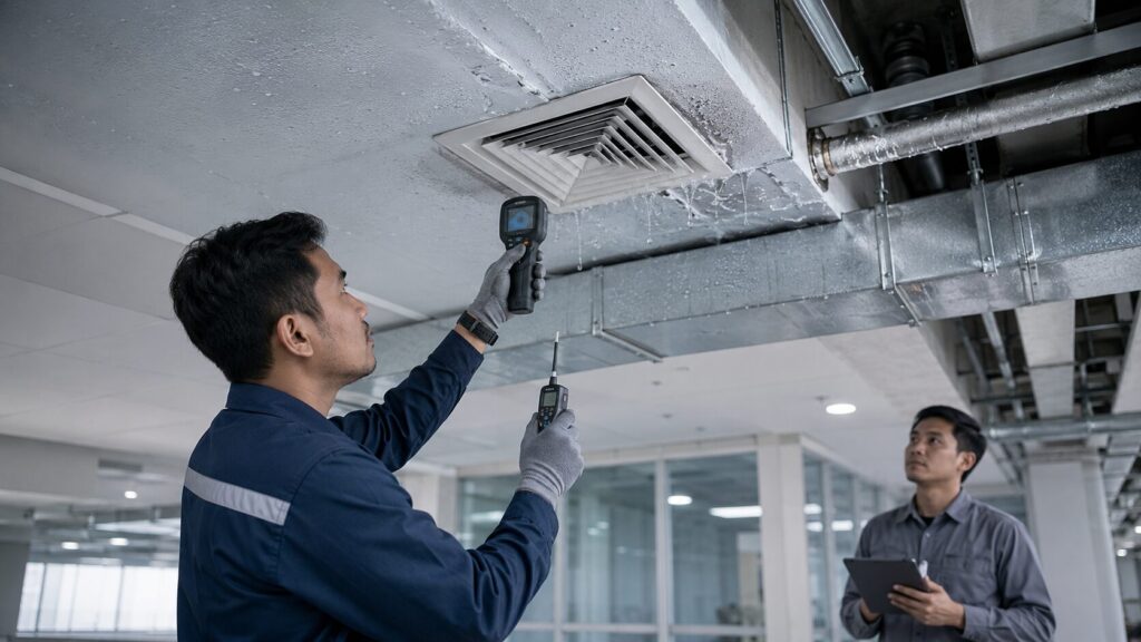 Teknisi MEP memeriksa kondensasi pada diffuser dan ducting HVAC gedung