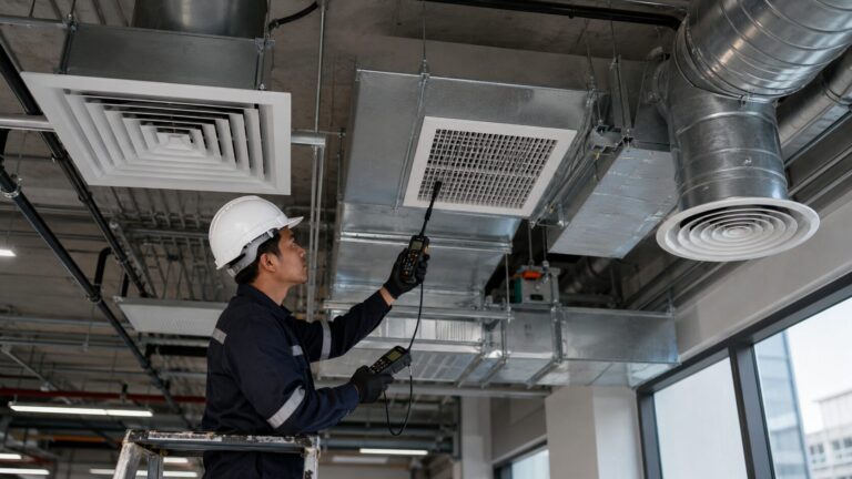 Teknisi HVAC memeriksa ducting supply, return, dan exhaust air di gedung komersial.