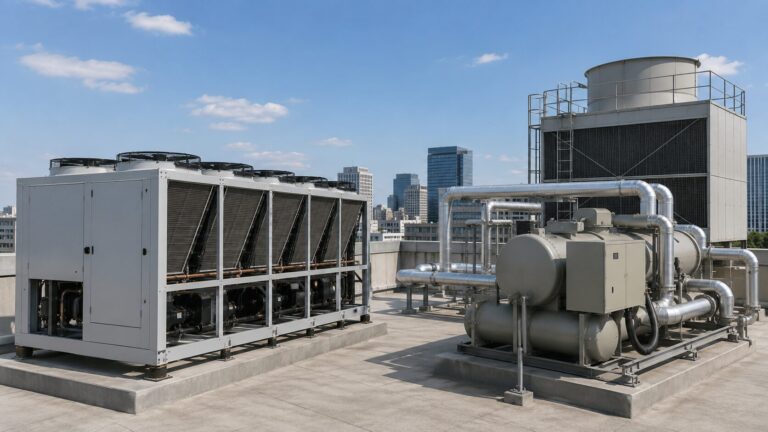 Perbandingan air-cooled chiller dan water-cooled chiller dengan cooling tower pada sistem HVAC gedung.