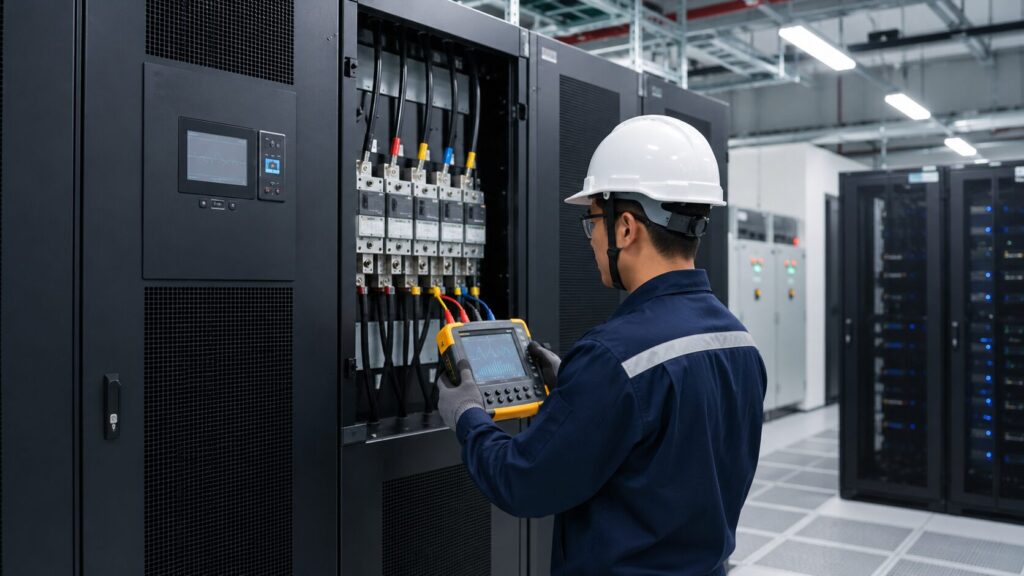 Teknisi mengukur beban pada sistem UPS modular di ruang kelistrikan data center.