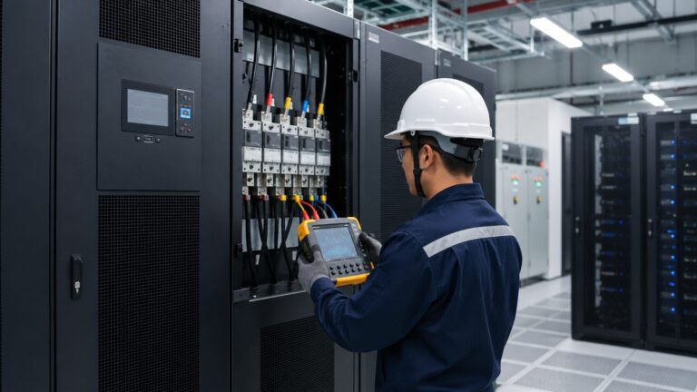 Teknisi mengukur beban pada sistem UPS modular di ruang kelistrikan data center.