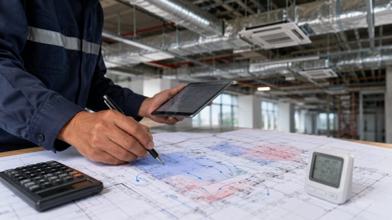 Engineer MEP menghitung cooling load pada denah HVAC gedung komersial dengan alat ukur suhu dan kelembapan.