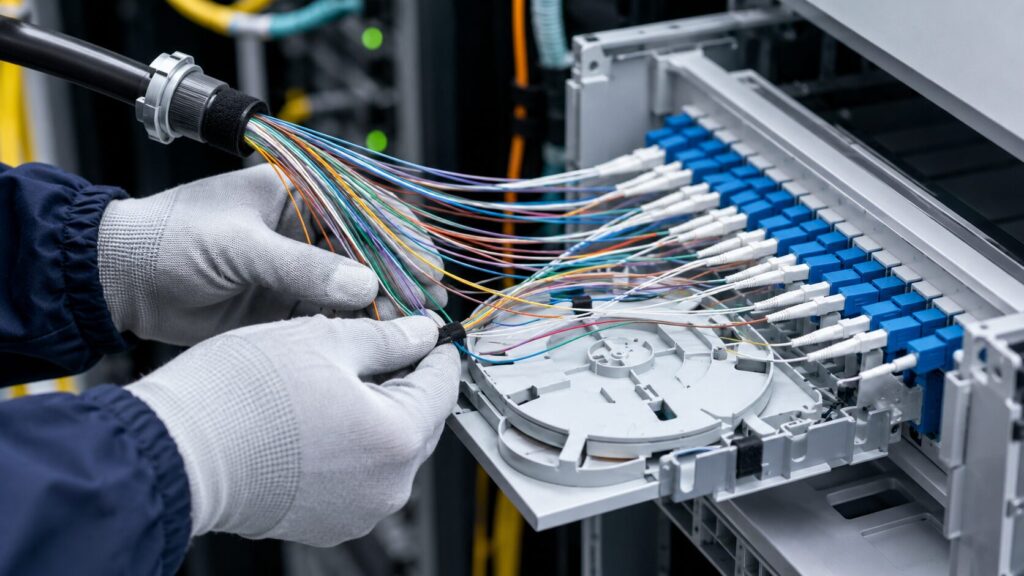 Teknisi menata core fiber optik berwarna pada ODF di ruang jaringan gedung