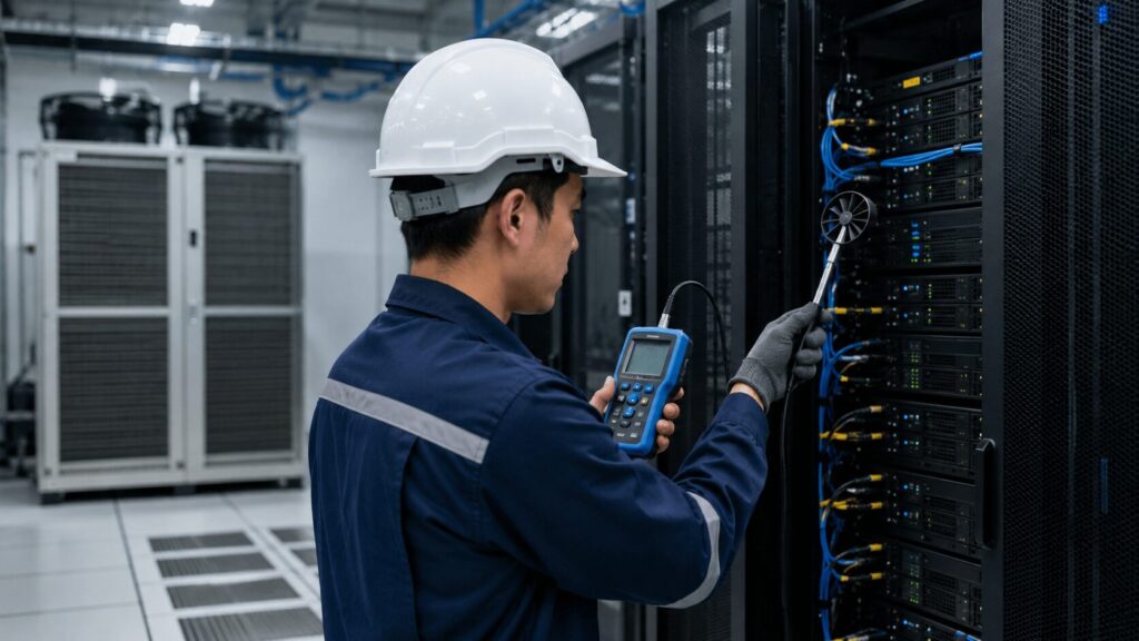 Teknisi mengukur suhu dan aliran udara di depan rack server untuk menentukan kapasitas pendingin.
