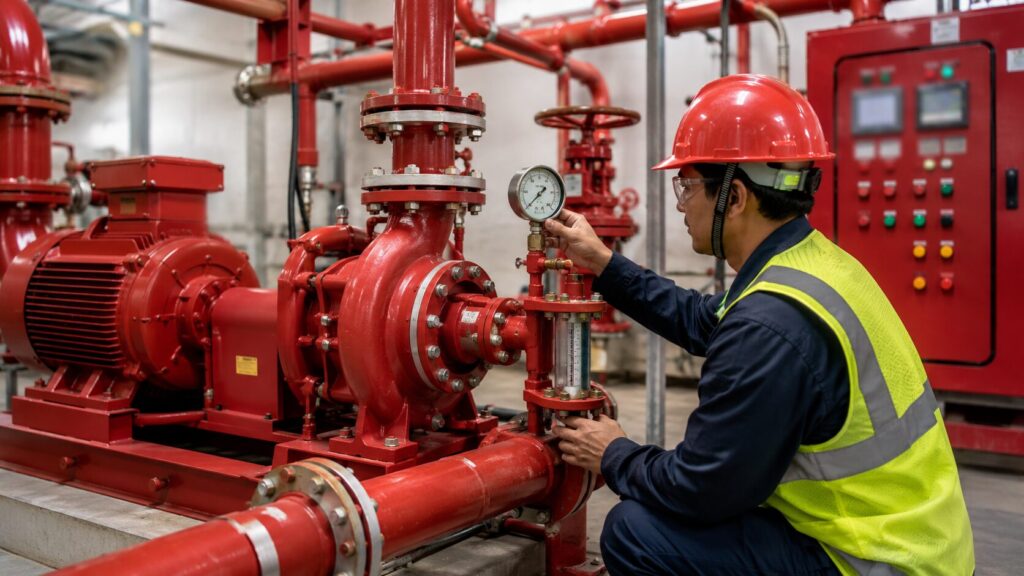 Teknisi MEP memeriksa pressure gauge dan aliran pada pompa hidran di ruang mekanikal gedung.