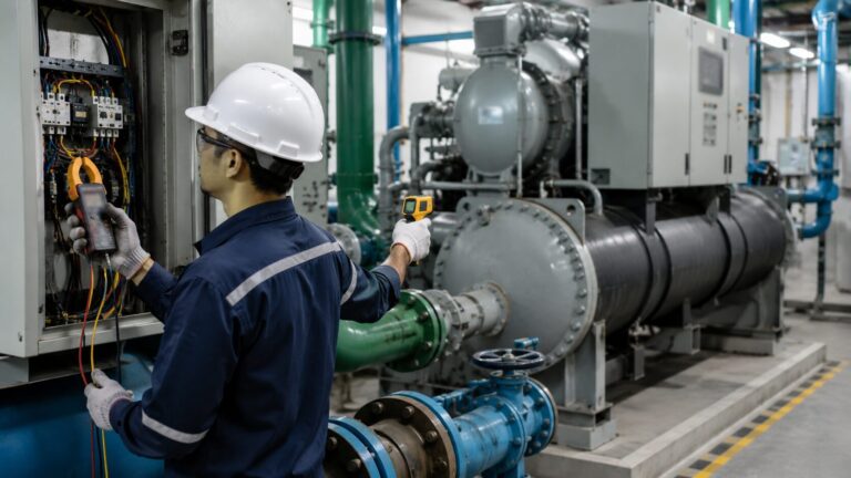 Teknisi HVAC memeriksa konsumsi listrik pada chiller di ruang mesin gedung.