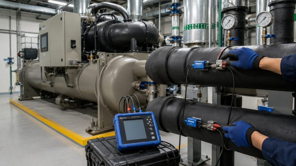 Pengukuran debit dan suhu pada pipa chilled water di ruang mesin chiller gedung
