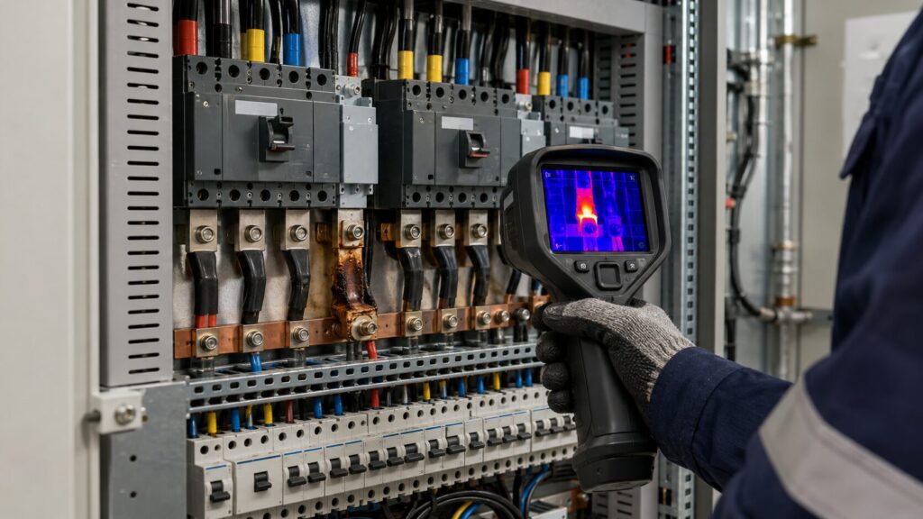 Teknisi memeriksa titik panas pada panel listrik dengan kamera termal.