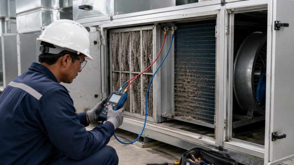 Teknisi HVAC mengukur tekanan filter AHU untuk memeriksa penyebab airflow menurun.