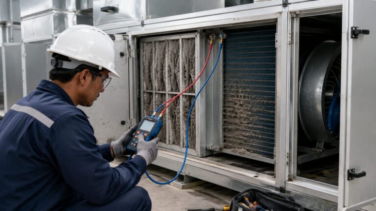 Teknisi HVAC mengukur tekanan filter AHU untuk memeriksa penyebab airflow menurun.